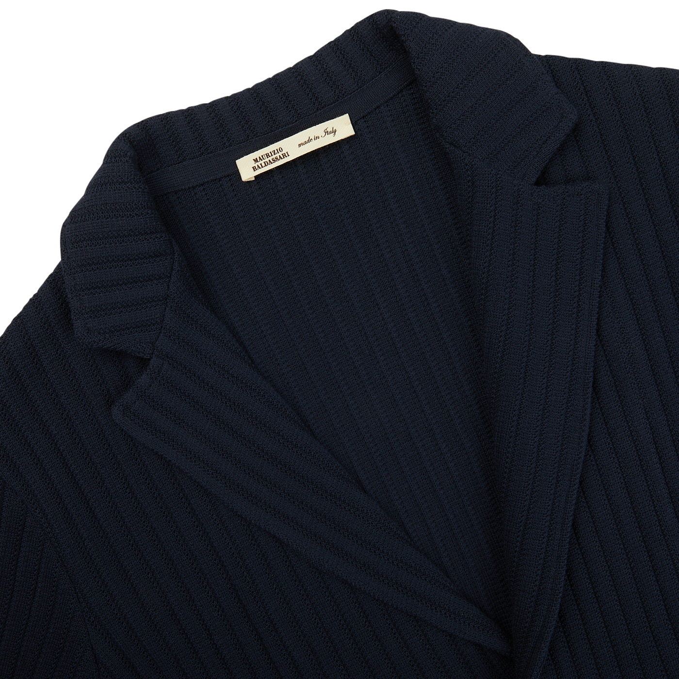 A close up of a Navy Blue Organic Cotton Rib Stitched Swacket by Maurizio Baldassari.