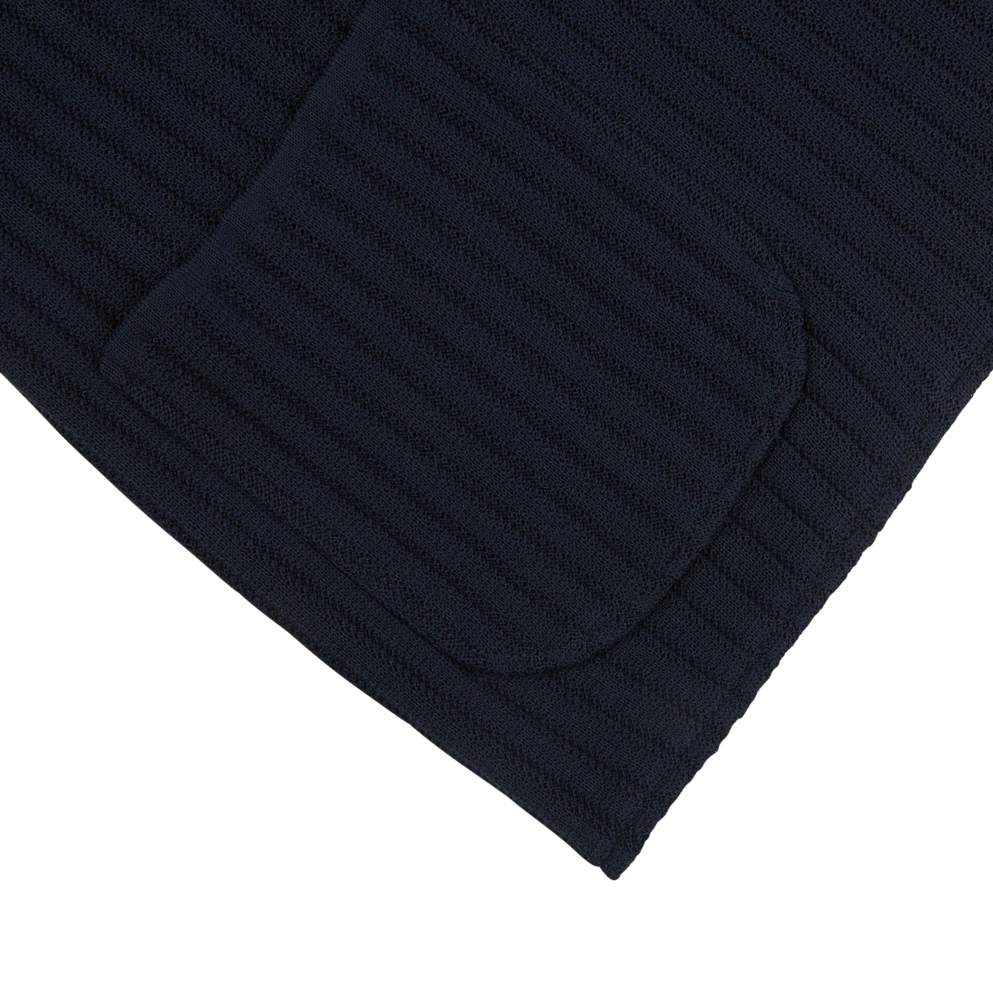 A close up of a Maurizio Baldassari navy blue organic cotton rib stitched swacket.