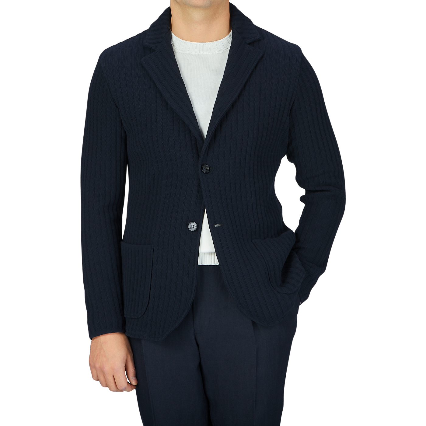 A man wearing a Maurizio Baldassari Navy Blue Organic Cotton Rib Stitched Swacket and pants.