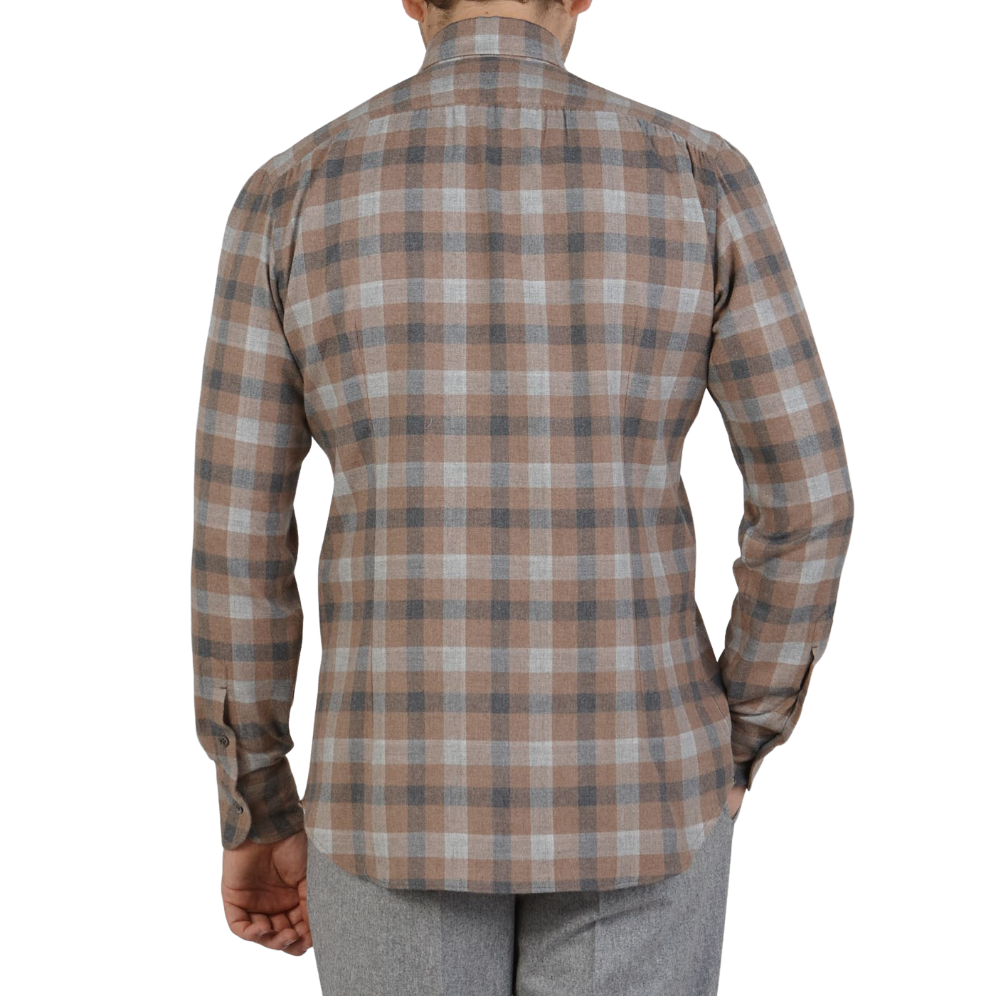 Mazzarelli Brown Checked Brushed Cotton BD Regular Shirt Back
