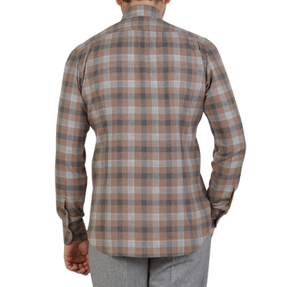 Mazzarelli Brown Checked Brushed Cotton BD Regular Shirt Back