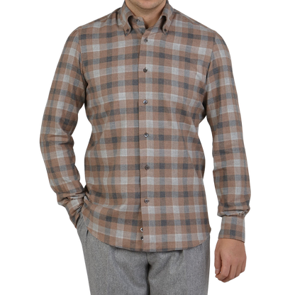 Mazzarelli Brown Checked Brushed Cotton BD Regular Shirt Front