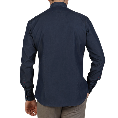 Mazzarelli Dark Blue Cotton Denim BD Regular Shirt Back