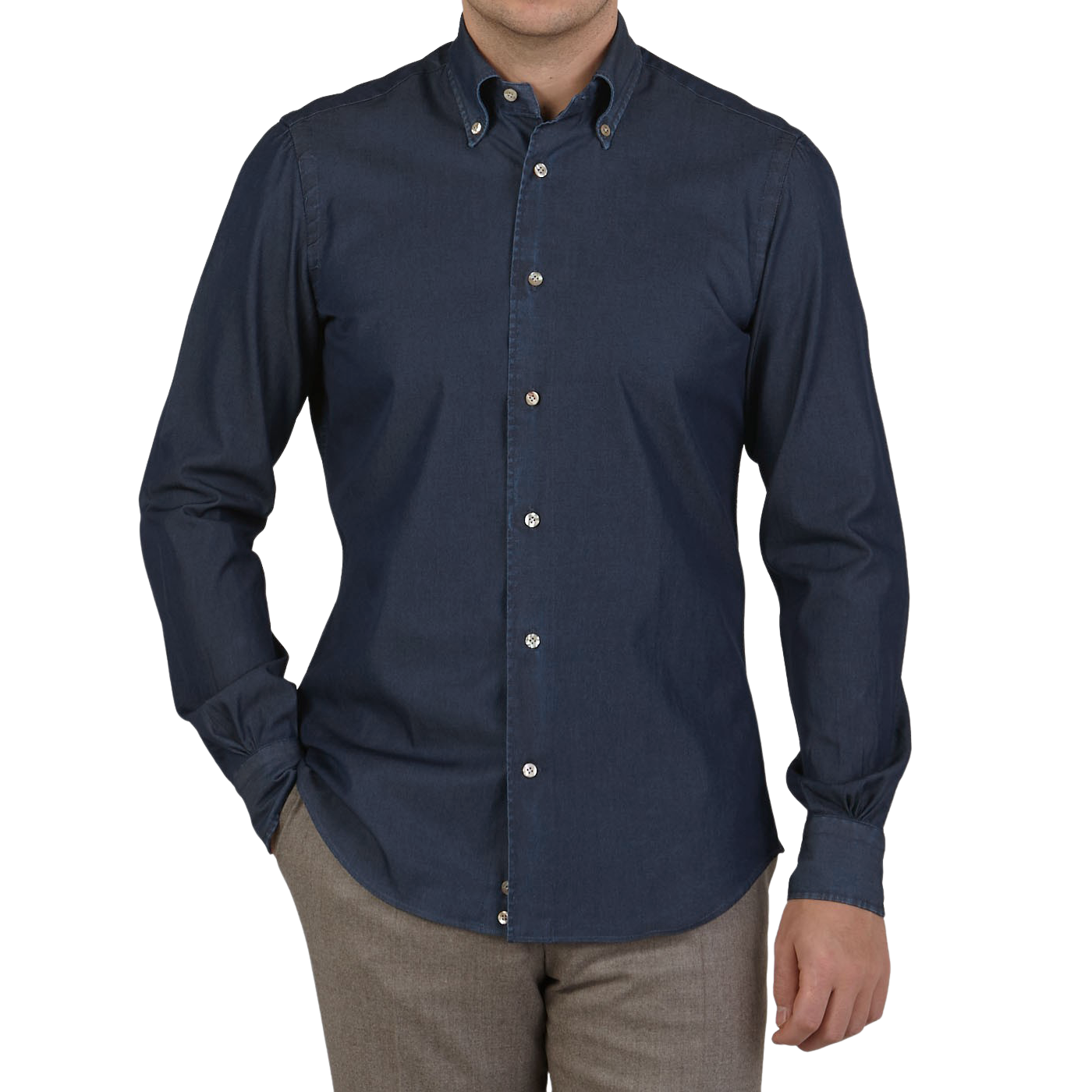 Mazzarelli Dark Blue Cotton Denim BD Regular Shirt Front