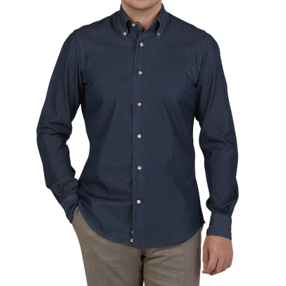 Mazzarelli Dark Blue Cotton Denim BD Regular Shirt Front