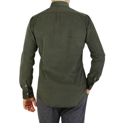 Mazzarelli Green Cotton Corduroy BD Regular Shirt Back