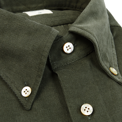 Mazzarelli Green Cotton Corduroy BD Regular Shirt Closed