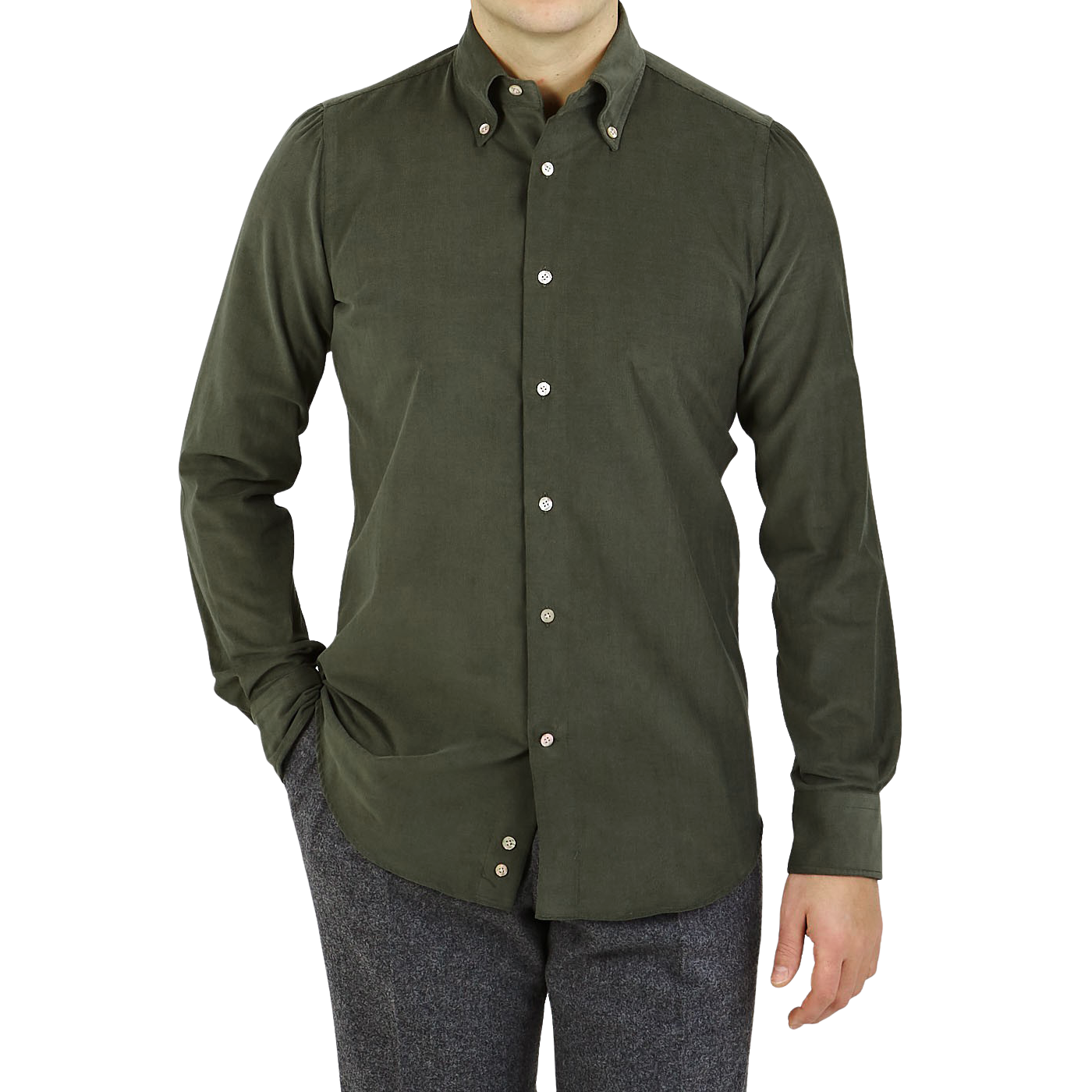 Mazzarelli Green Cotton Corduroy BD Regular Shirt Front