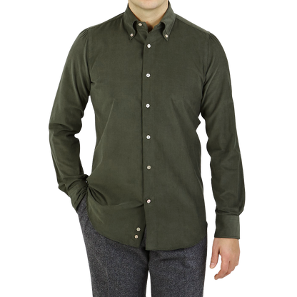 Mazzarelli Green Cotton Corduroy BD Regular Shirt Front