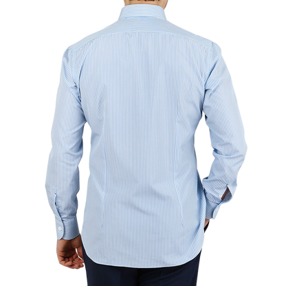 Mazzarelli Light Blue Striped Regular Fit Cotton Shirt Back