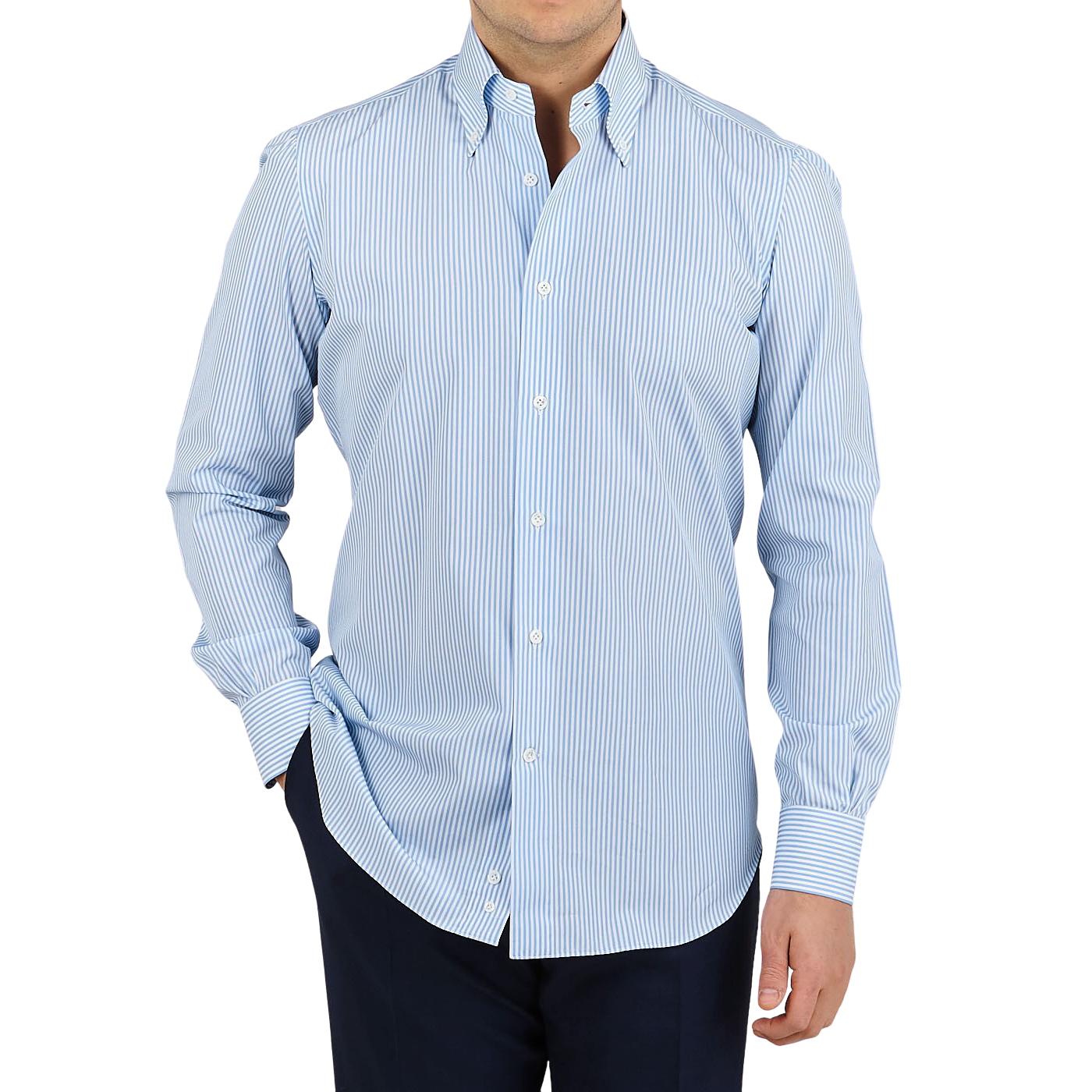 Mazzarelli Light Blue Striped Regular Fit Cotton Shirt Front