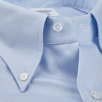 Mazzarelli Sky Blue Houndstooth Button Down Regular Fit Shirt Collar