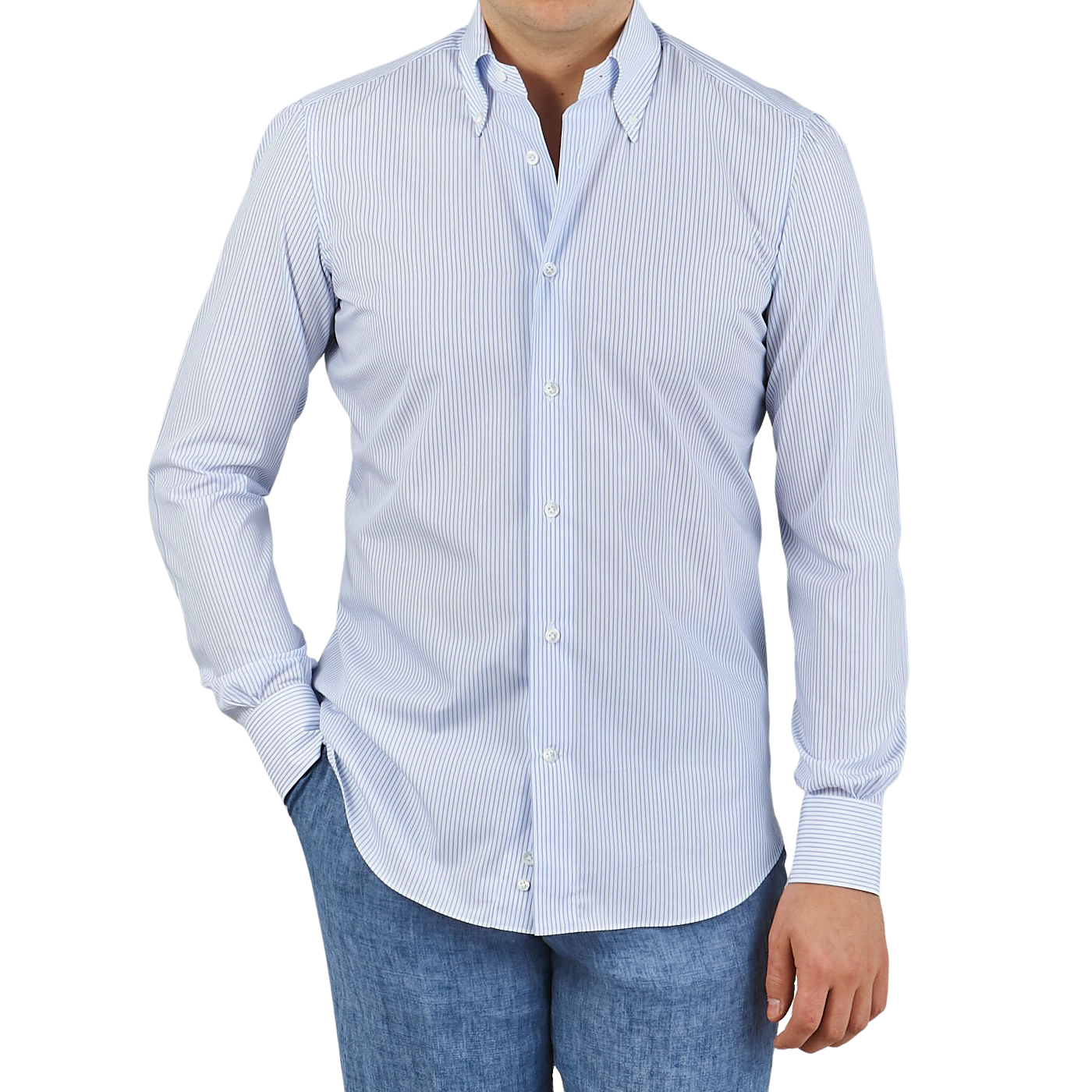 Mazzarelli White Blue Pin Striped BD Regular Shirt Front