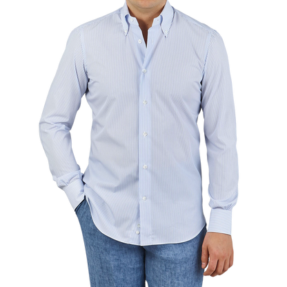 Mazzarelli White Blue Pin Striped BD Regular Shirt Front