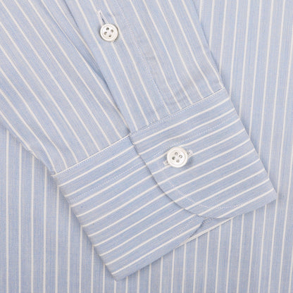 Close-up of the Denim Blue Striped Cotton BD Regular Shirt cuff by Mazzarelli, featuring two white buttons and a regular-fit design that exudes timeless elegance.