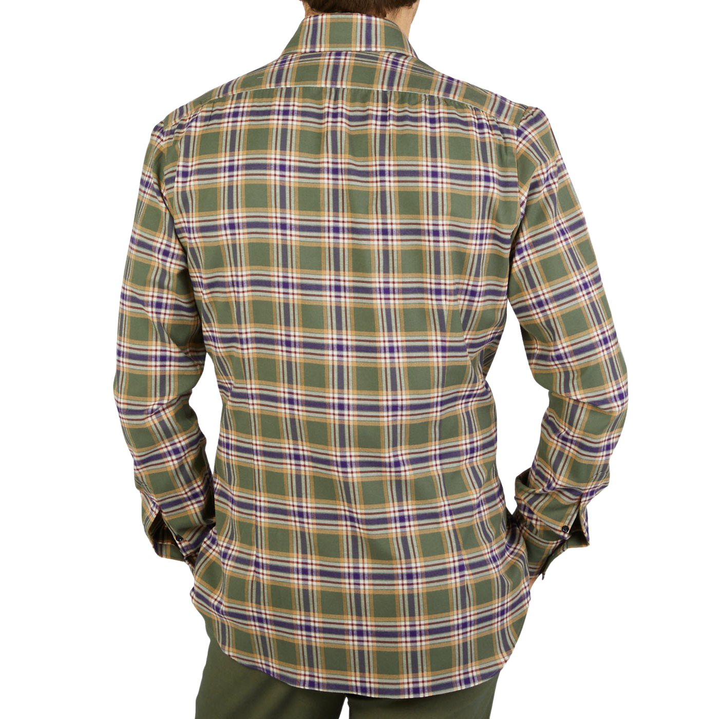 The back view of a man wearing a Mazzarelli Green Checked Brushed Cotton Regular Shirt.