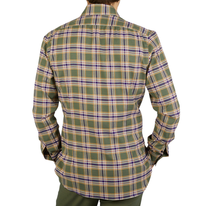 The back view of a man wearing a Mazzarelli Green Checked Brushed Cotton Regular Shirt.