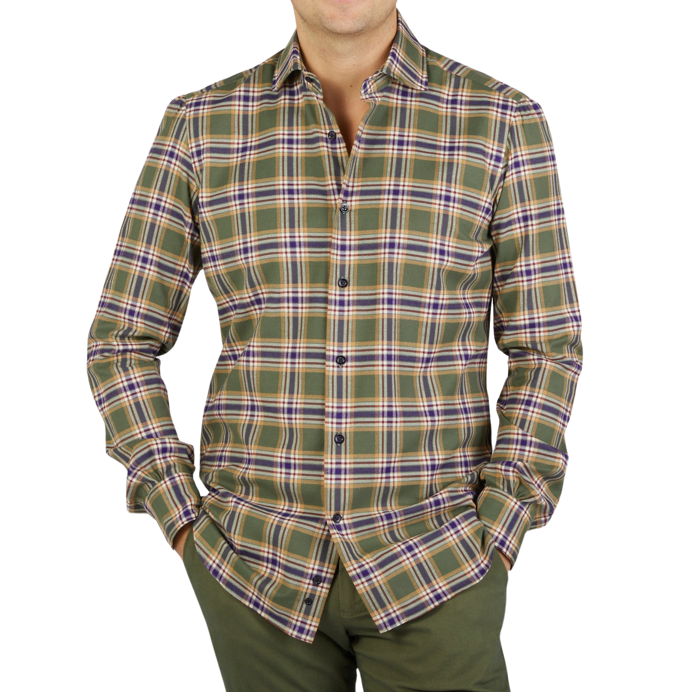 A man wearing a Green Checked Brushed Cotton Regular Shirt, reminiscent of Mazzarelli's impeccable craftsmanship.