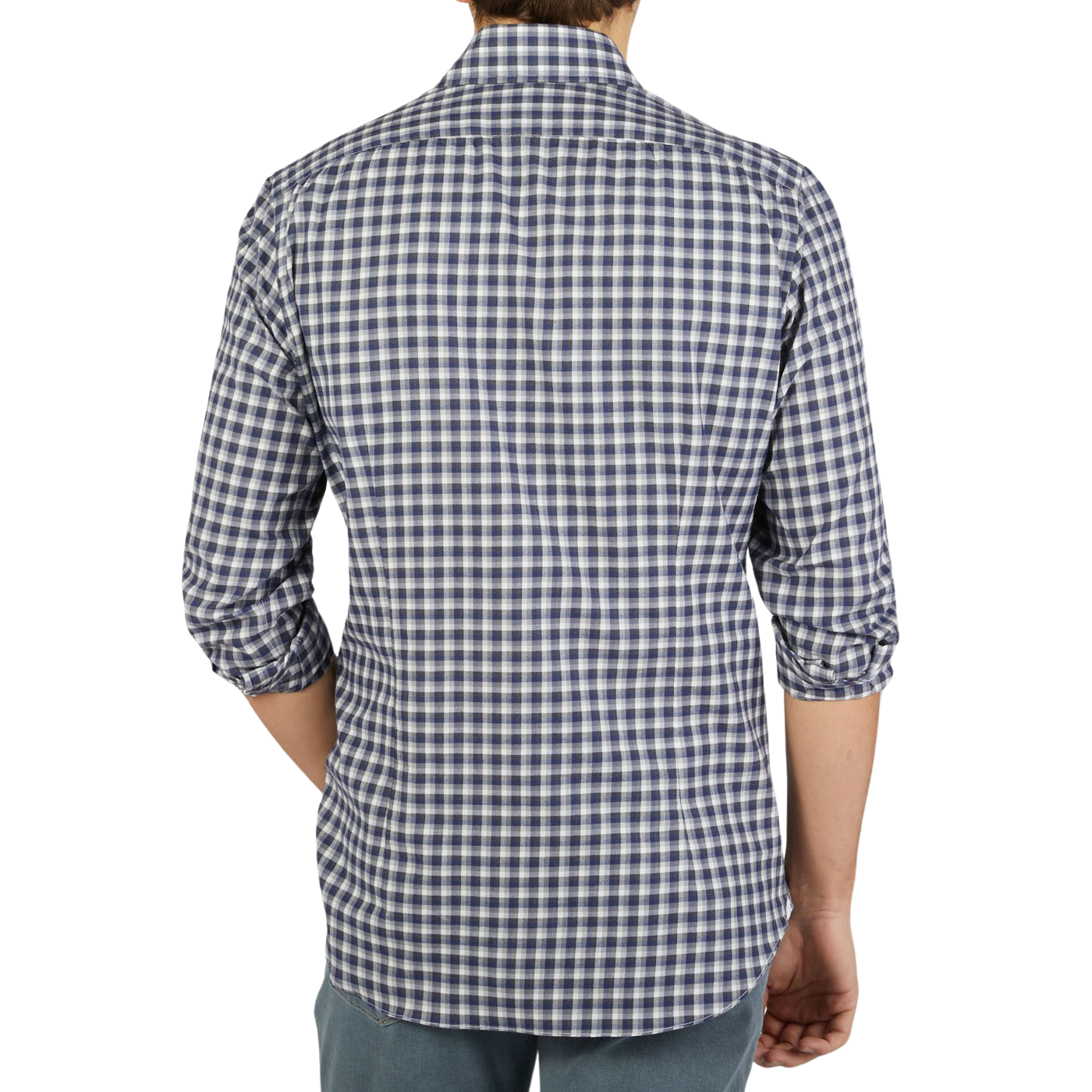 The back view of a man wearing a Grey Blue Gingham Brushed Cotton Regular Shirt, crafted by Mazzarelli.