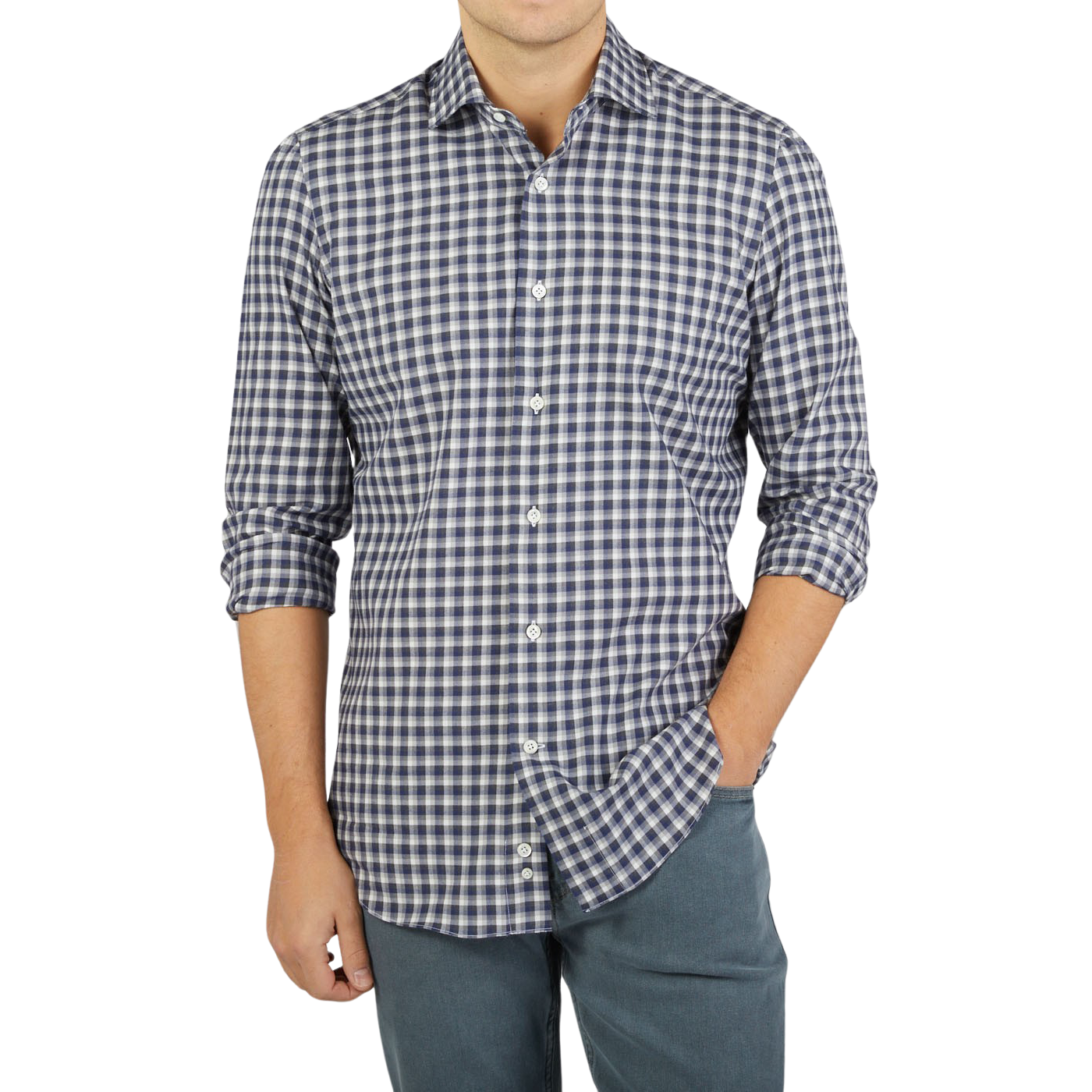 A man wearing a Mazzarelli Grey Blue Gingham Brushed Cotton Regular Shirt.