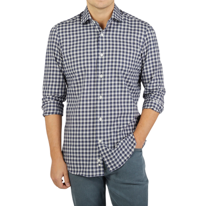 A man wearing a Mazzarelli Grey Blue Gingham Brushed Cotton Regular Shirt.