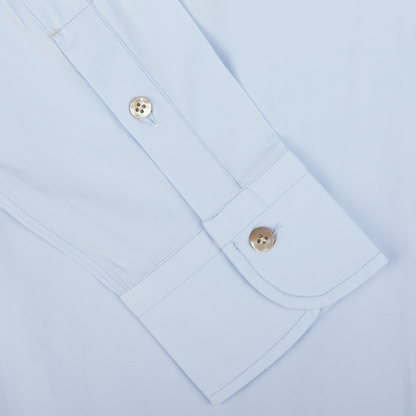 Close-up of a Mazzarelli Sky Blue Cotton Gabardine Regular Fit Shirt cuff with two buttons.