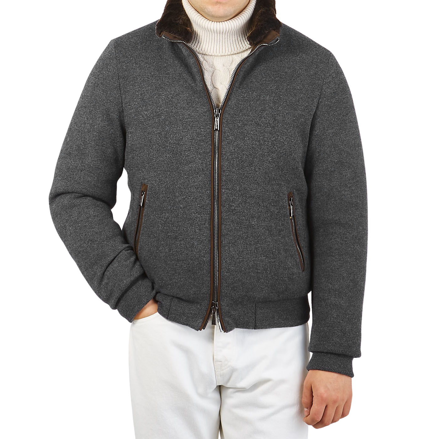 Moorer Grey Wool Cashmere Down Padded Bomber Jacket Front