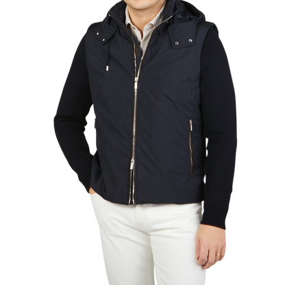 Moorer Navy Blue Down Padded Knitted Sleeve Bomber Feature