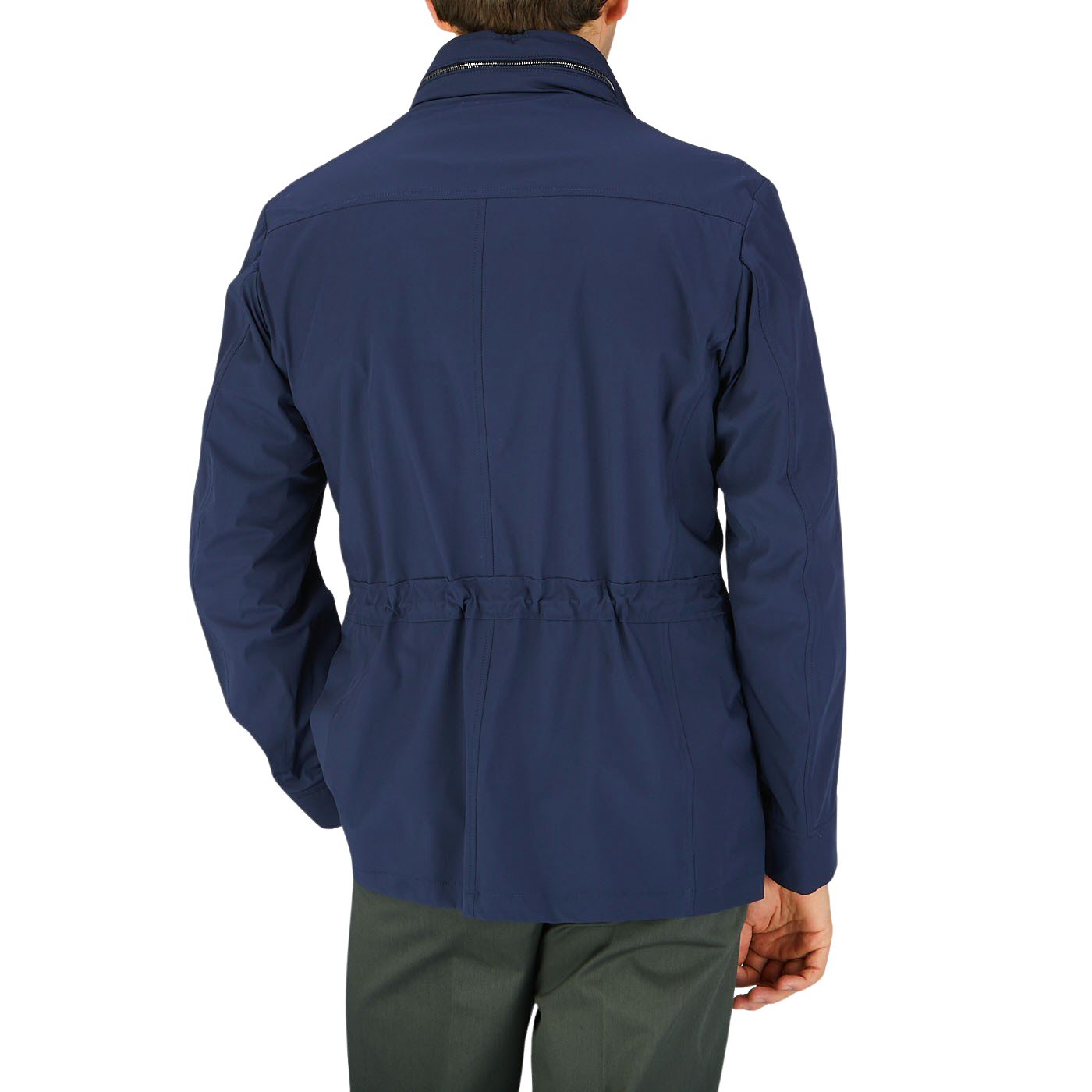 The back view of a man wearing a Dark Blue Lightweight Nylon Field Jacket by Moorer.