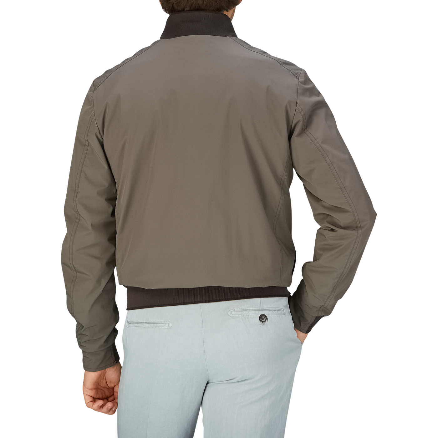 Man wearing a Moorer Olive Green Technical Nylon Blouson and light-colored pants viewed from the back.