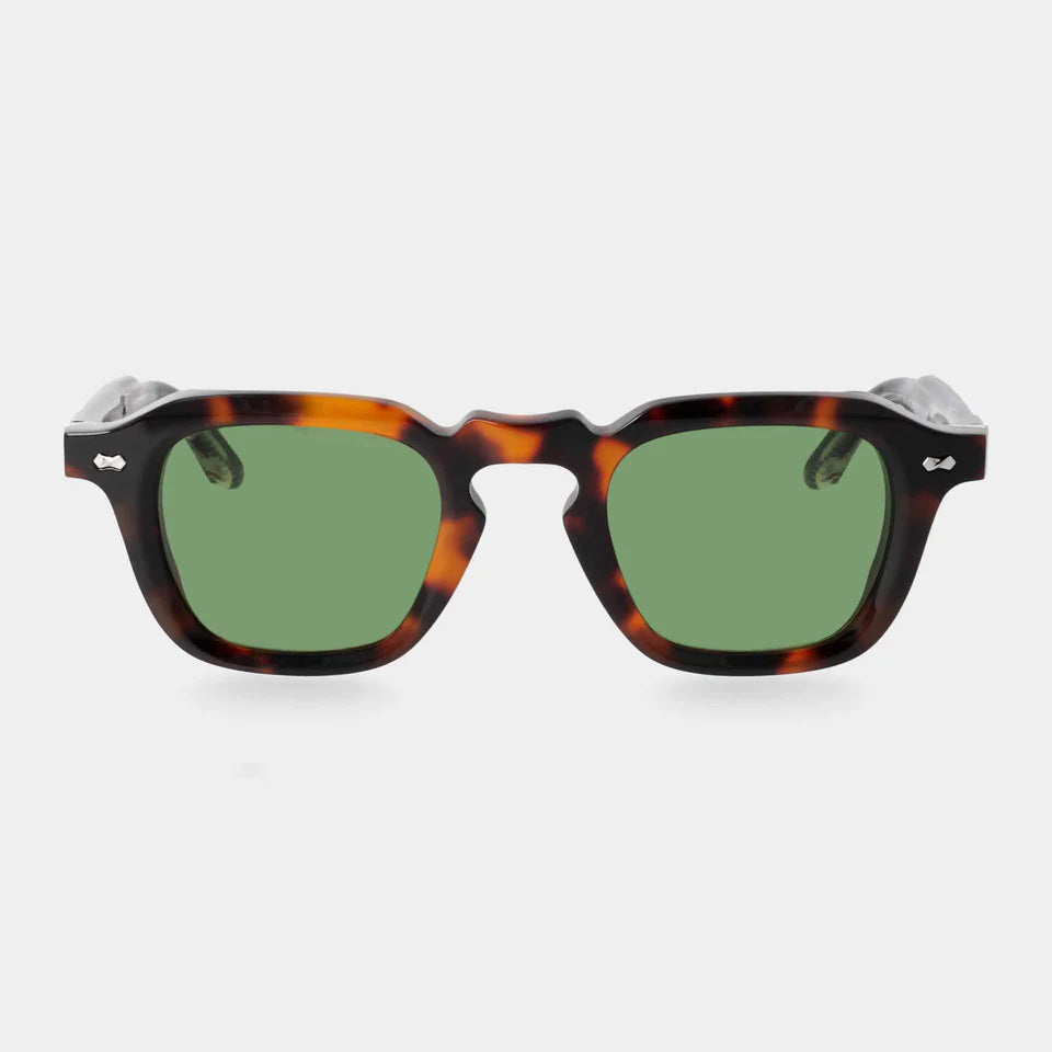 The Ply Brown Havana | Green by TBD Eyewear are chunky, square sunglasses in tortoiseshell acetate with green-tinted lenses, a keyhole bridge, and silver hinge details. Expertly handcrafted in Italy. , available at Richard Gelding Mayfair