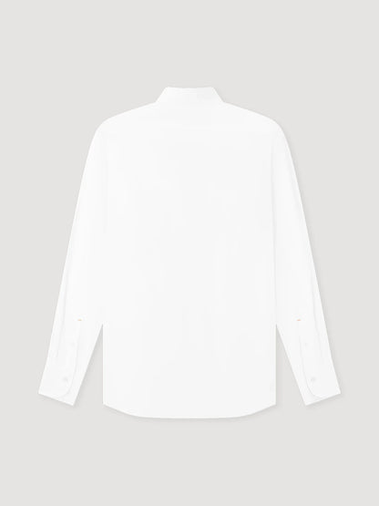 The Coconut Residence White Poplin Mandarin Collar Shirt, made from 100% cotton, is shown from the back against a light gray background. It features long sleeves and buttoned cuffs with a clean, minimal design and no visible branding. , available at Richard Gelding Mayfair