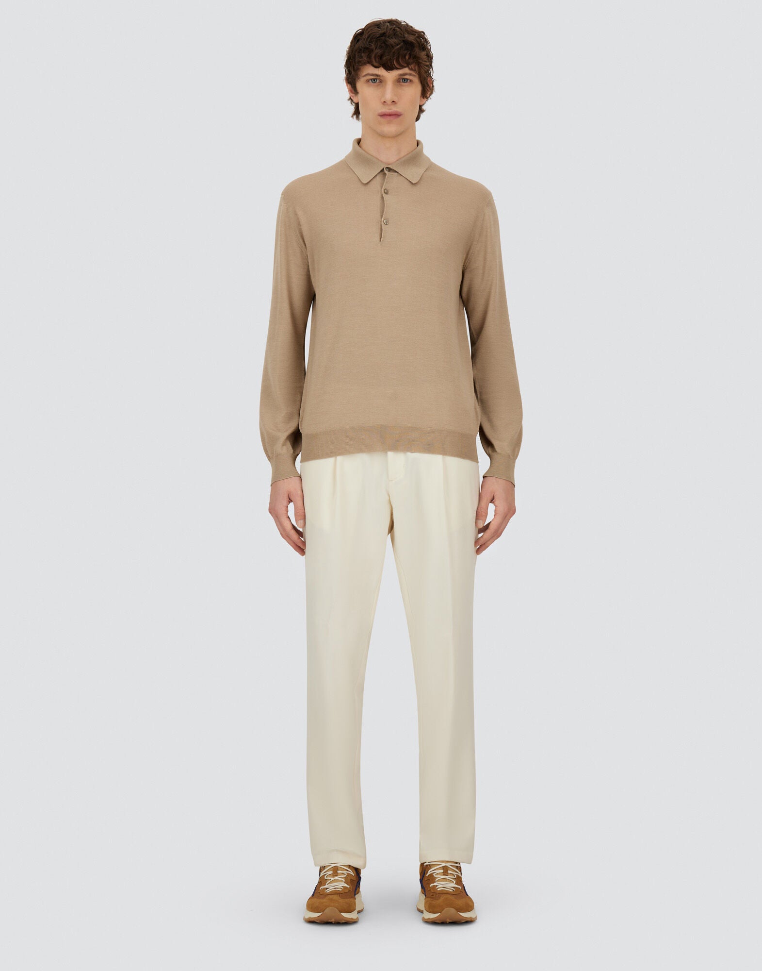Beige Wool/Modal Melange Flannel Drawstring Resort Trousers