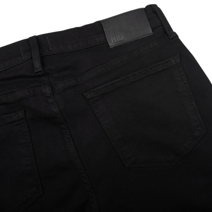 Black Shadow Cotton Stretch Federal Shorts by Paige with a leather brand patch on the waistband, crafted from contemporary comfortable Transcend fabric.