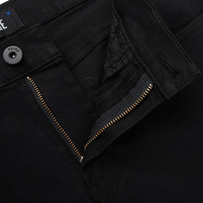 Close-up of contemporary comfortable Paige Black Shadow Cotton Stretch Federal Shorts with a partially unzipped zipper.