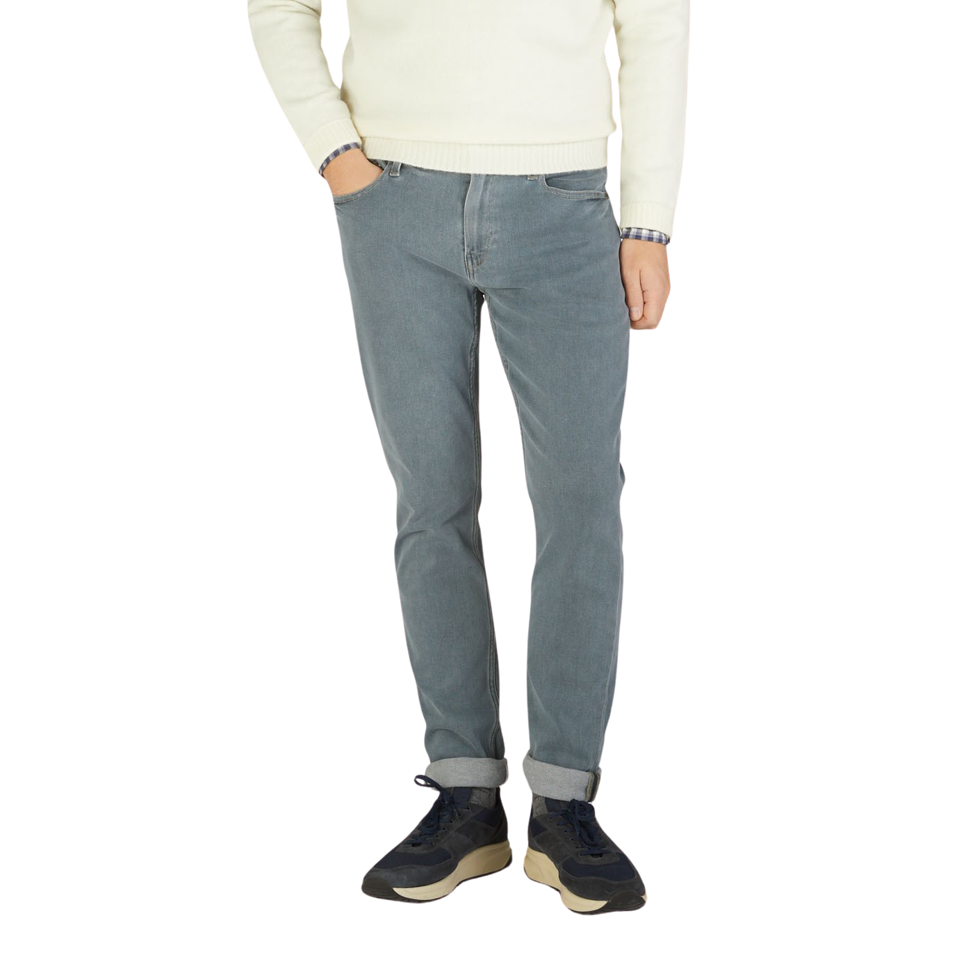 Paige wearing Grey-Blue Cotton Stretch Lennox Jeans and a sweater.