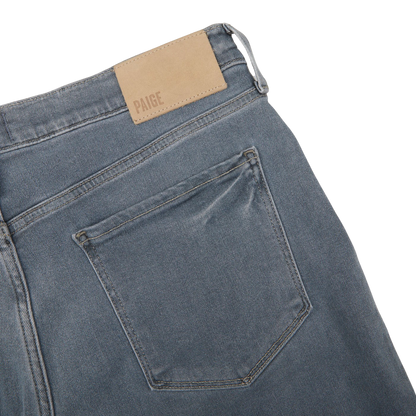 The back pocket of a pair of Paige Grey-Blue Cotton Stretch Lennox Jeans.