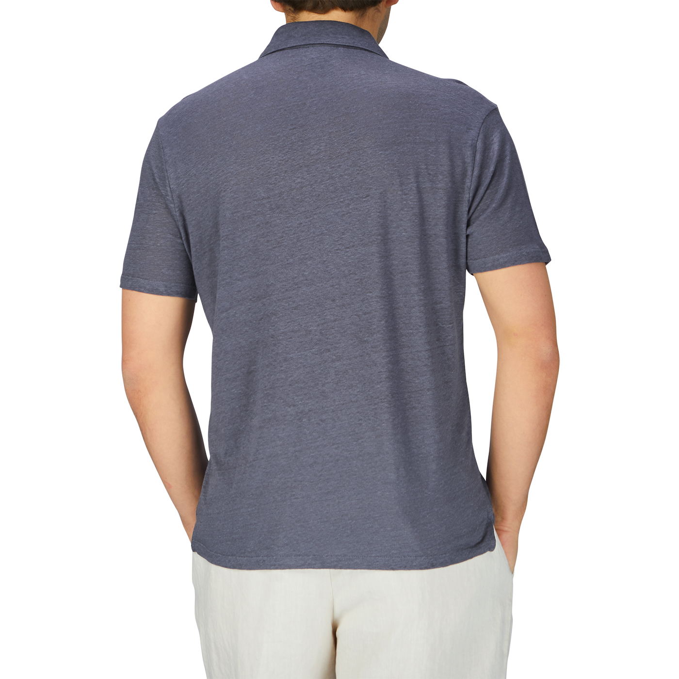 The man is wearing a breathable Grey Blue Linen Capri Collar polo shirt by Paige.