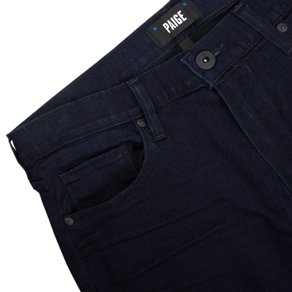 Paige Inkwell Blue Cotton Transcend Normandie jeans close-up displaying waistband and pockets.