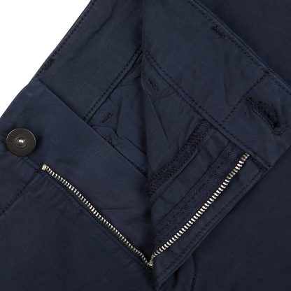 Close-up of Navy Blue Cotton Blend Paige Phillips Shorts with a zipper and button detail.