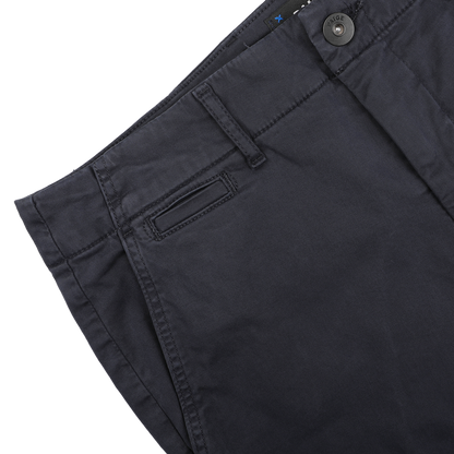 The Navy Blue Danford Cotton Chinos by Paige feature a button closure and belt loops, designed for a comfortable fit. Made from cotton stretch fabric, they provide ease of movement from the waist down.