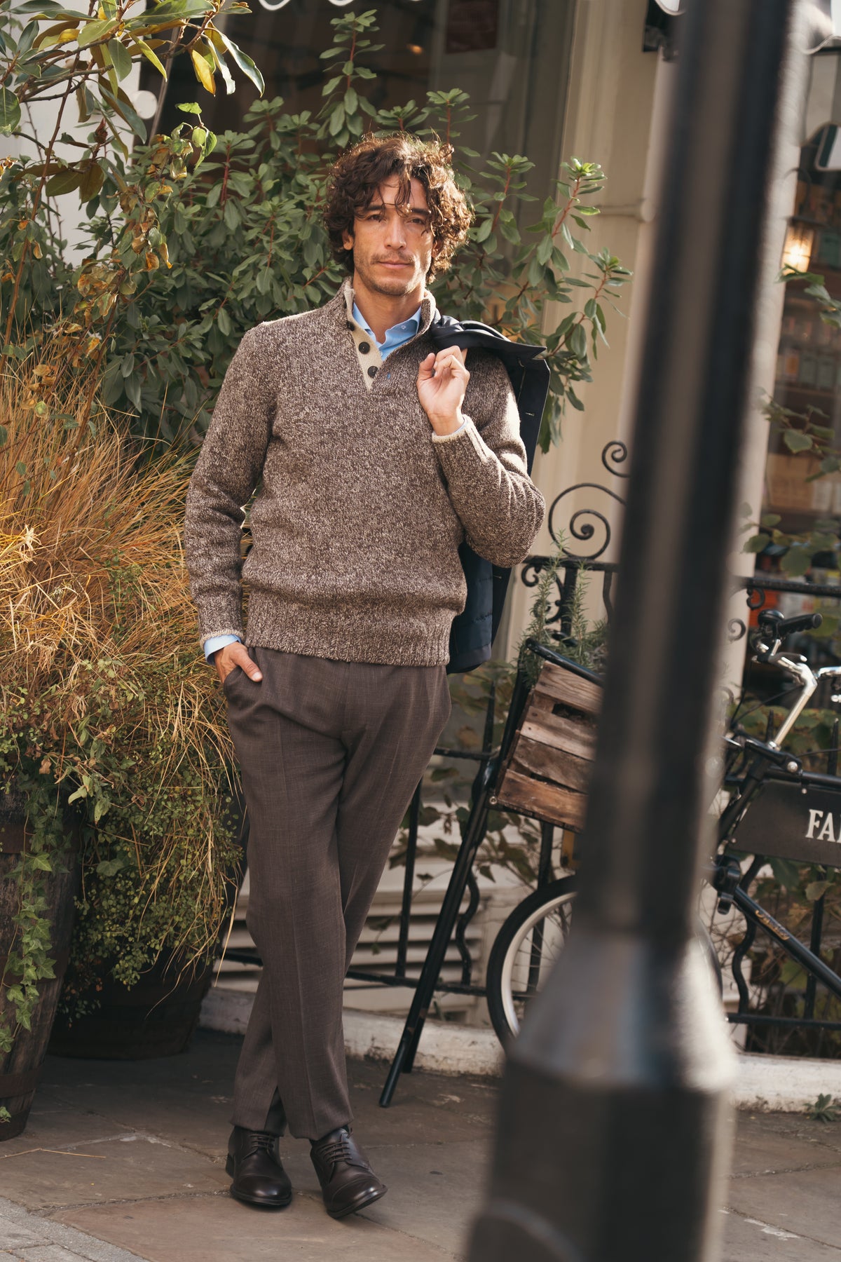 Taupe Beige 5-ply Mouline Wool Button Neck Sweater