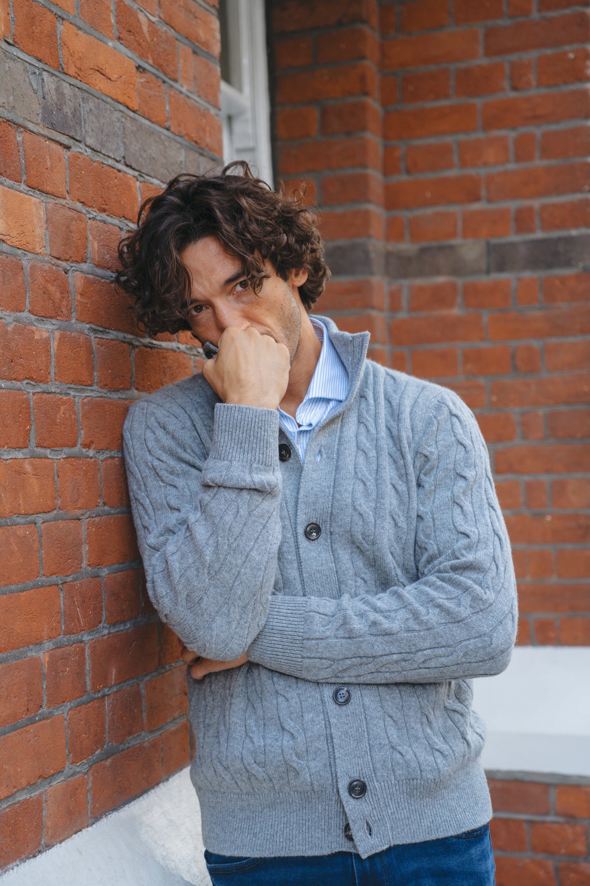 Grey Wool Cashmere Cable-Knit Button Cardigan