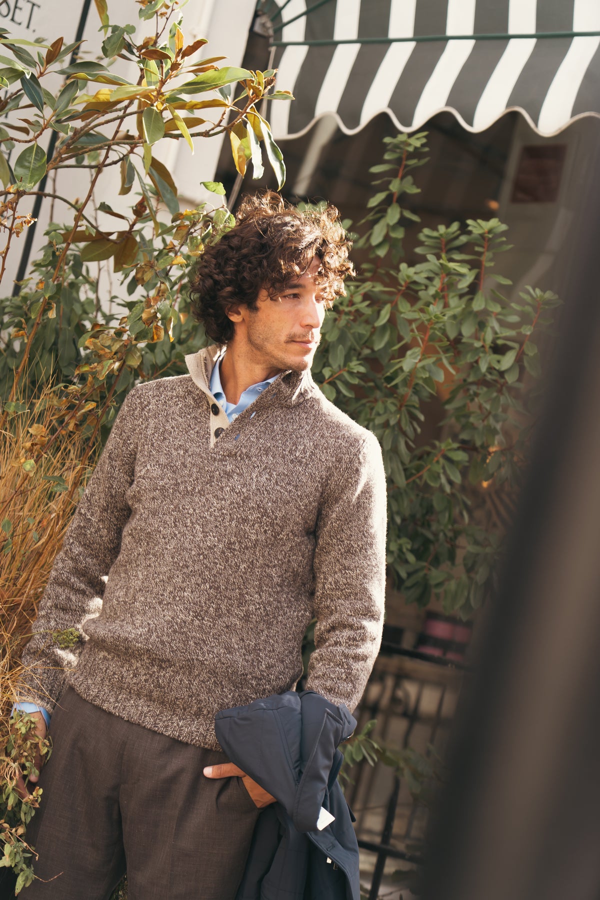 Taupe Beige 5-ply Mouline Wool Button Neck Sweater