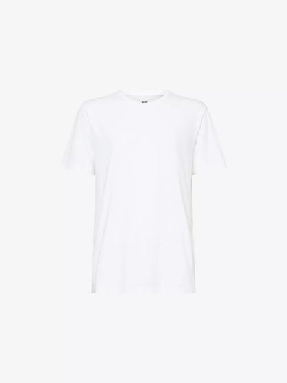 The Paige White Cotton Sorden Crew Neck T-Shirt is shown against a white background, featuring a classic crew neckline and a clean, minimalist design with no logos or patterns. , available at Richard Gelding Mayfair