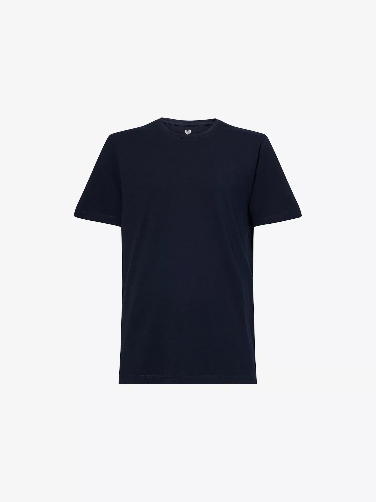 The Paige Deep Anchor Navy Cotton Sorden Crew Neck is a minimalist, short-sleeved t-shirt in navy blue with a classic crew neckline, shown against a white background and featuring no visible logos or patterns. , available at Richard Gelding Mayfair