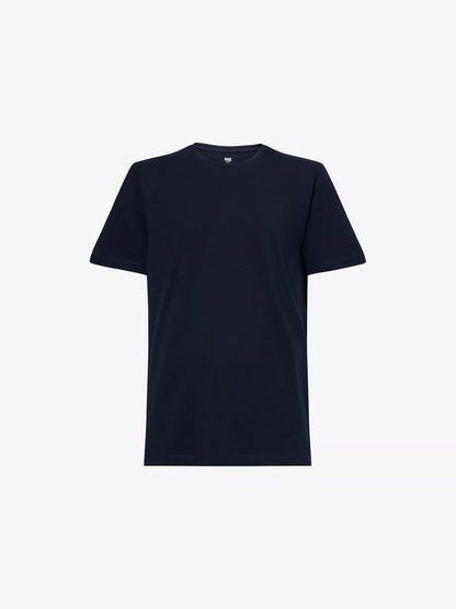 The Paige Deep Anchor Navy Cotton Sorden Crew Neck is a minimalist, short-sleeved t-shirt in navy blue with a classic crew neckline, shown against a white background and featuring no visible logos or patterns. , available at Richard Gelding Mayfair