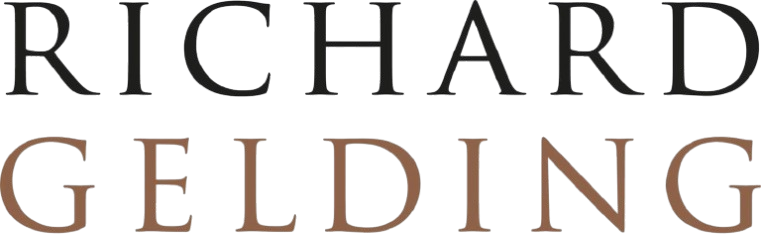 The image features the text RICHARD GELDING in all capital letters. RICHARD is in black, while GELDING is in brown. Both words are centered and use a classic serif font against a light grey background. , available at Richard Gelding Mayfair