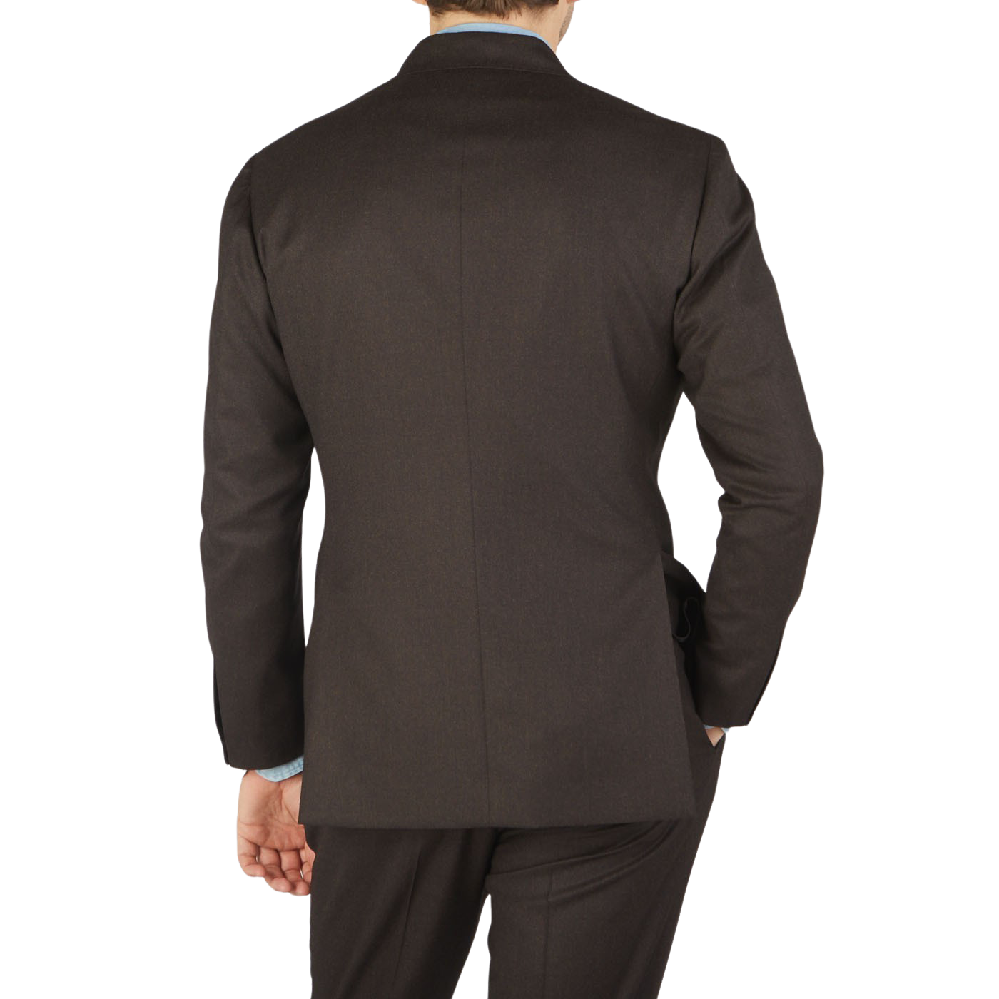 The back view of a man in a Ring Jacket Dark Brown Wool Flannel DB Suit.