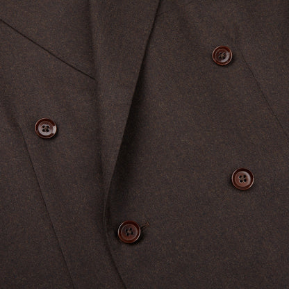 A close up of a Ring Jacket Dark Brown Wool Flannel DB Suit with buttons.